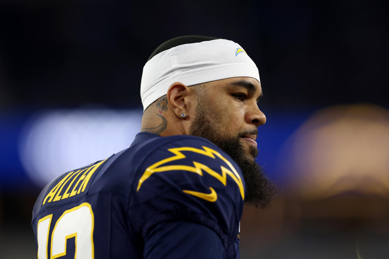 INGLEWOOD, CALIFORNIA - NOVEMBER 26: Keenan Allen #13 of the Los Angeles Chargers looks on during warm ups prior to the game against the Baltimore Ravens at SoFi Stadium on November 26, 2023 in Inglewood, California. (Photo by Katelyn Mulcahy/Getty Images)