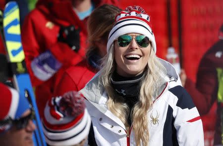 Alpine Skiing - Pyeongchang 2018 Winter Olympics - Women's Downhill Training - Jeongseon Alpine Centre - Pyeongchang, South Korea - February 20, 2018 - Lindsey Vonn of the U.S. reacts. REUTERS/Mike Segar