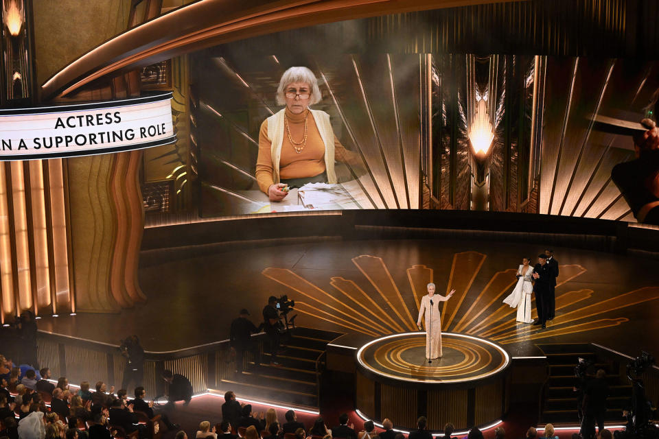 Jamie Lee Curtis accepts the Oscar for Best Actress in a Supporting Role for "Everything Everywhere All at Once".<span class="copyright">Patrick T. Fallon—AFP/Getty Images</span>