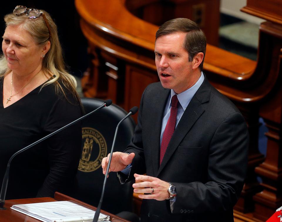 Kentucky’s Gov. Andy Beshear delivers the annual State of the Commonwealth address in the Kentucky Capitol of Frankfort. 
Jan. 3, 2024