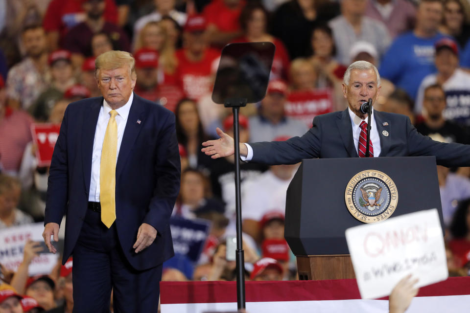 Louisiana Republican gubernatorial candidate Eddie Rispone, right, speaks at President Donald Trump's campaign rally in Lake Charles, La., Friday, Oct. 11, 2019. Trump introduced both Rispone and Republican gubernatorial candidate Ralph Abraham on the eve of the Louisiana election, urging the crowd to vote for either to unseat incumbent Democrat Gov. John Bel Edwards. (AP Photo/Gerald Herbert)