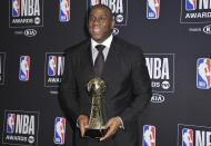 Magic Johnson poses in the press room with the lifetime achievement award at the NBA Awards on Monday, June 24, 2019, at the Barker Hangar in Santa Monica, Calif. (Photo by Richard Shotwell/Invision/AP)