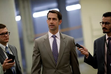 FILE PHOTO: Sen. Tom Cotton (R-AR) speaks with reporters ahead of the party luncheons on Capitol Hill in Washington