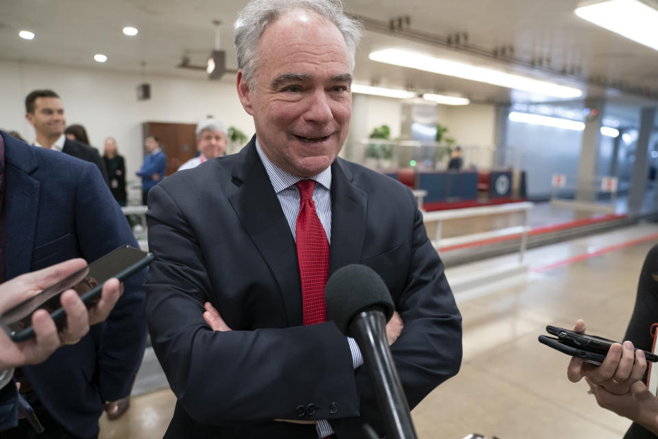 Sen. Tim Kaine, D-Va., a member of the Senate Armed Services Committee and the Foreign Relations Committee, responds to reporters following a briefing by Secretary of State Mike Pompeo, Defense Secretary Mark Esper, and other national security officials on the details of the threat that prompted the U.S. to kill Iranian Gen. Qassem Soleimani in Iraq, Wednesday, Jan. 8, 2020 on Capitol Hill in Washington. (AP Photo/J. Scott Applewhite)