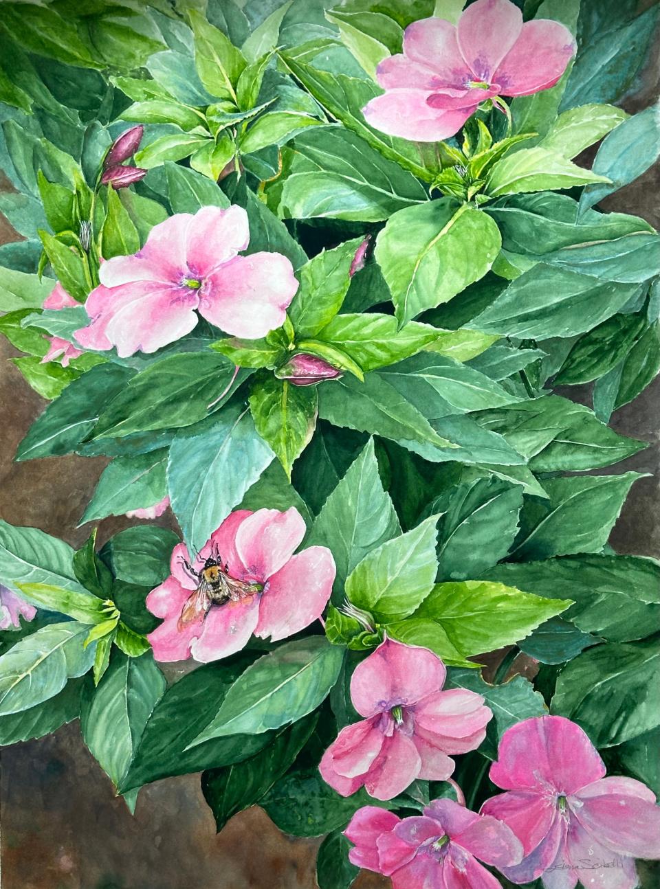 Elena Scibelli recently won an award for her large watercolor, "Let it Bee," at the annual TaWS Members' Exhibition, Brush Strokes 2023, held at the Tallahassee City Hall Art Gallery.