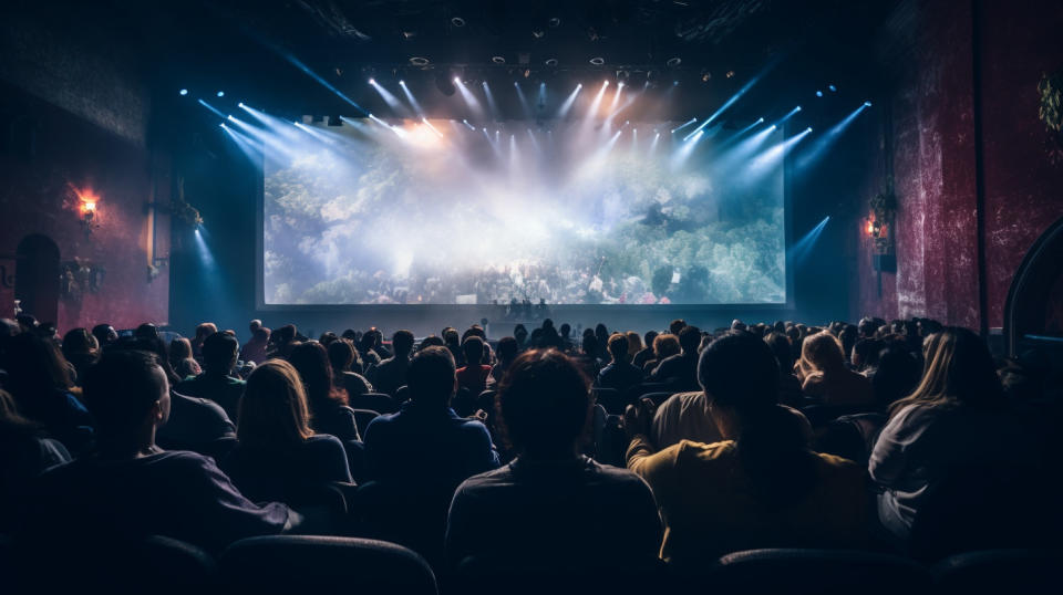 A crowd of people gathered in a theatre watching an interactive live show.