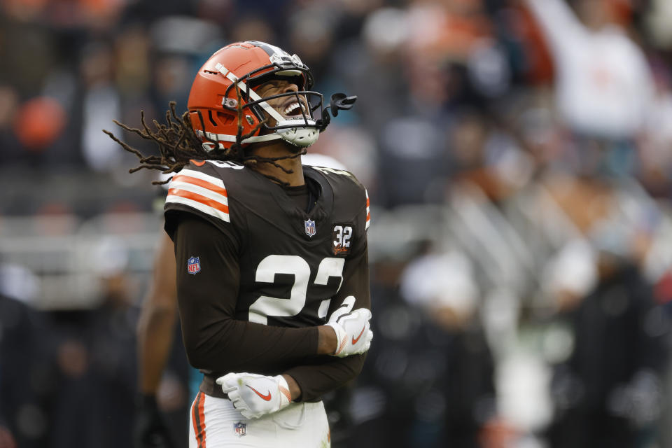 Cleveland Browns cornerback Martin Emerson Jr. reacts after a play during the second half of an NFL football game against the Jacksonville Jaguars, Sunday, Dec. 10, 2023, in Cleveland. (AP Photo/Ron Schwane)