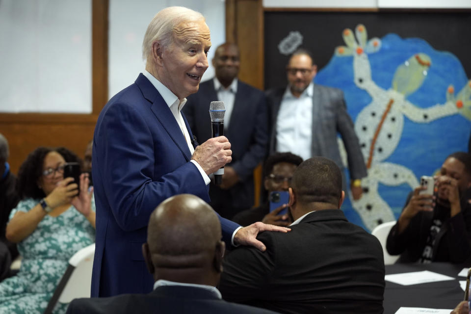 President Joe Biden meets with campaign volunteers at the Dr. John Bryant Community Center, Wednesday, May 8, 2024, in Racine, Wis. (AP Photo/Evan Vucci)