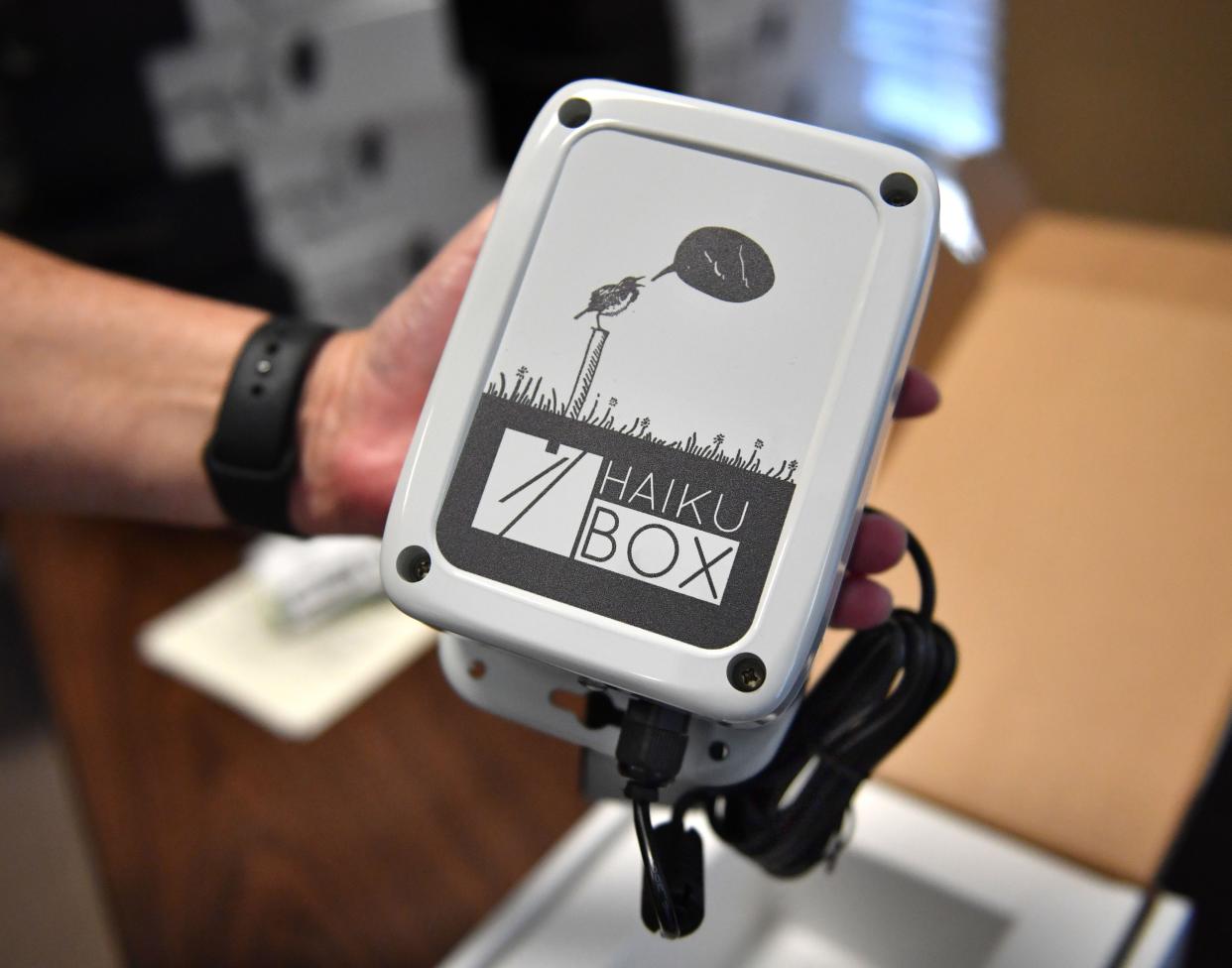 Haiku Box is a device that uses artificial intelligence to identify birds by their calls or songs. The electronics are packaged in a weather-resistant box that can be mounted outdoors.  