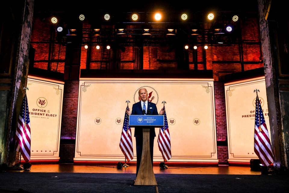 US President-elect Joe Biden delivers a Thanksgiving address at the Queen Theatre in Wilmington, Delaware, on November 25, 2020. - Biden called for an end to the "grim season of division" in the holiday speech . "I believe that this grim season of division, demonization is going to give way to a year of light," Biden said. (Photo by CHANDAN KHANNA / AFP) (Photo by CHANDAN KHANNA/AFP via Getty Images)