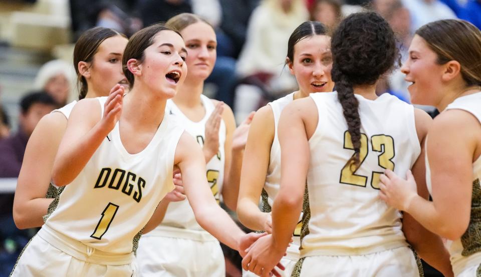 Lapel Bulldogs Sophie Goodwin (1) yells in excitement Tuesday, Dec. 12, 2023, during the game at Lapel High School in Lapel. Eastern Hancock defeated the Lapel Bulldogs, 62-55.