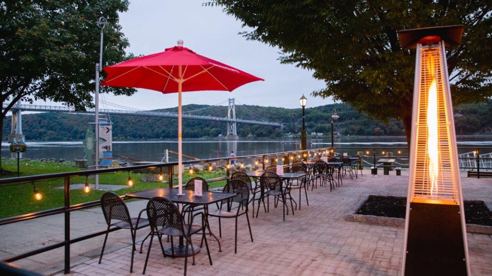 Outdoor seating at Flores Taquería at the Ice House in the City of Poughkeepsie.