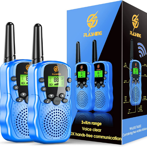 two blue walkie talkies against white background