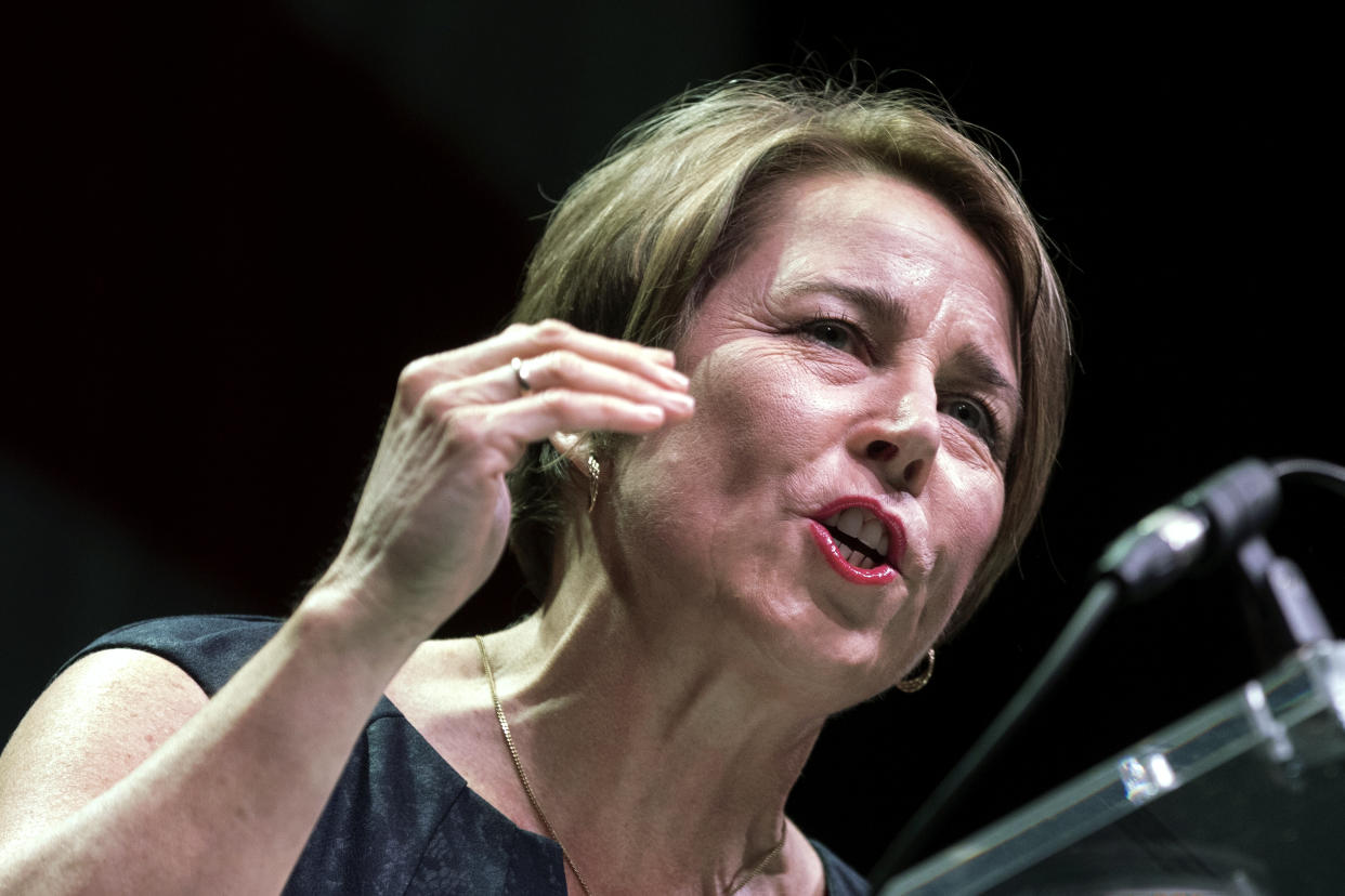 FILE - Massachusetts Attorney General, and candidate for governor, Maura Healey speaks during the state's Democratic party convention June 4, 2022, in Worcester, Mass. Healey is heavily favored to flip the Republican-held governor’s office in November, which would make her the state’s first woman and first openly gay candidate elected chief executive. (AP Photo/Michael Dwyer, File)