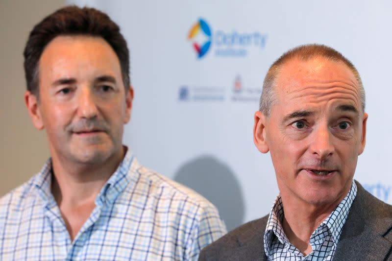 The Royal Melbourne Hospital's Dr Julian Druce, Virus Identification Laboratory Head at the Doherty Institute and Dr Mike Catton, Deputy Director of the Doherty Institute address media to announce having successfully grown the Wuhan coronavirus