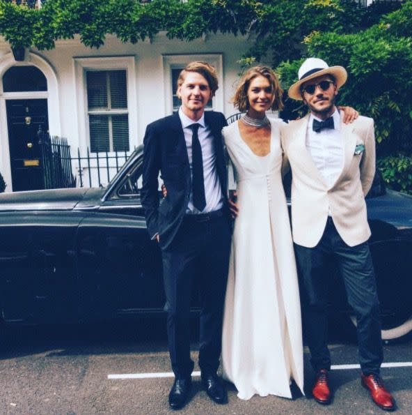 <p>Model Arizona Muse looked the epitome of elegance over the weekend, when she married her fiancé Boniface Verney-Carron in London. For her big day, the 28-year-old wore a spaghetti-strap Temperley London dress and coat in ivory.</p>