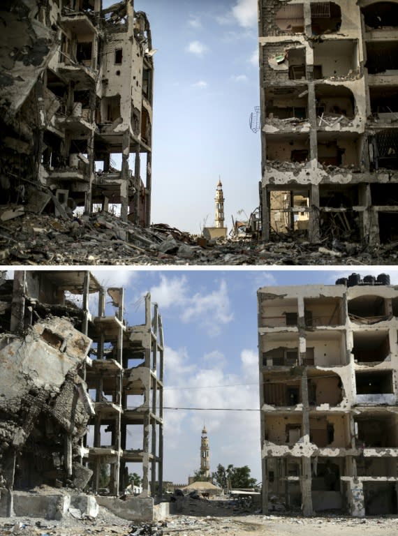 (Top) Destroyed buildings in front of a mosque in the northern Gaza Strip town of Beit Hanun on August 3, 2014, and the same place (bottom) on July 3, 2015, a year after the 50-day war between Israel and Hamas' militants