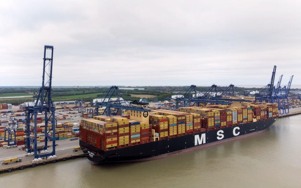 The world's largest cargo ship MSC Loreto left the Port of Felixstowe in Suffolk after its first UK visit - Joe Giddens/PA Wire