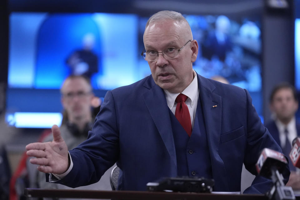 Army Reserve First Sgt. Kelvin Mote gives testimony Thursday, March 7, 2024, in Augusta, Maine, during a hearing of the independent commission investigating the law enforcement response to the mass shooting in Lewiston, Maine. (AP Photo/Robert F. Bukaty)