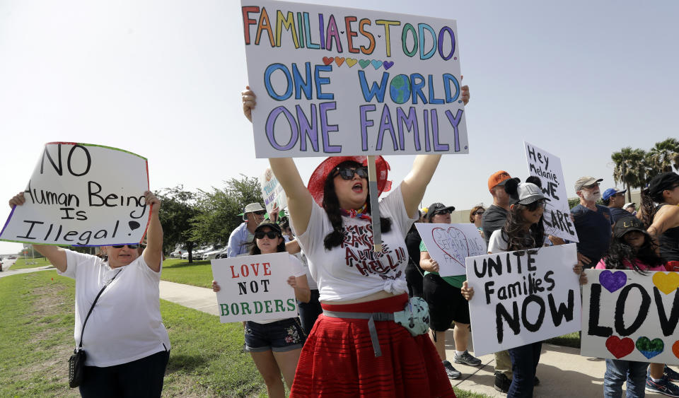 <p>Protesters gather near a U.S. Customs and Border Protection station to speak out against immigration policy, Saturday, June 30, 2018, in McAllen, Texas. (Photo: Eric Gay/AP) </p>