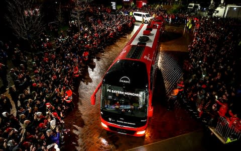 he FC Bayern Munich team bus arrives the UEFA Champions League Round of 16 First Leg match between Liverpool and FC Bayern