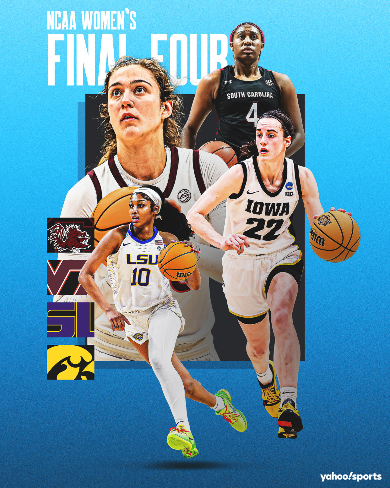 The NCAA women's tournament features star power in, clockwise from top right, Virginia Tech's Elizabeth Kitley, South Carolina's Aliyah Boston, Iowa's Caitlin Clark and LSU's Angel Reese. (Graphic by Moe Haidar/Yahoo Sports)
