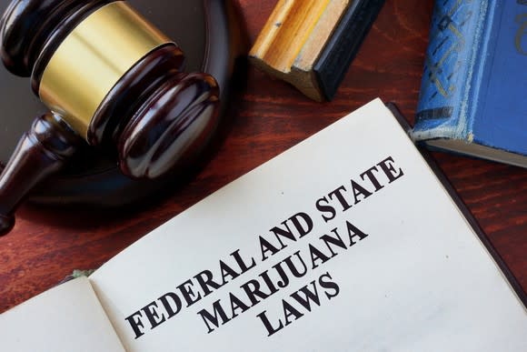 A book on federal and state marijuana laws lying next to a judge's gavel.