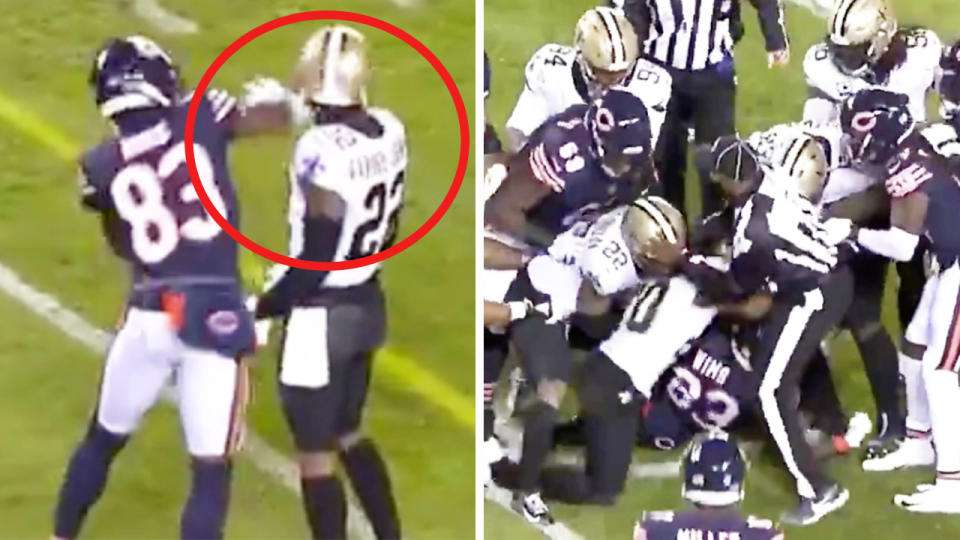 Chicago Bears wide receiver Javon Wims (pictured left) sucker-punching New Orleans star Chauncey Gardner-Johnson and prompting a brawl (pictured right).