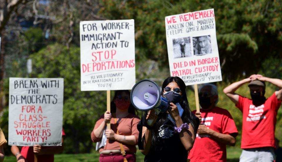 Activists at a “Reunite Our Families Now” rally in Los Angeles on March 6. (Frederic J. Brown/AFP via Getty Images)