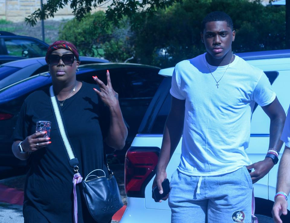 2024 4-star tight end Kylan Fox (left) with his mom on his official visit to Florida State on Friday, June 23, 2023, in Tallahassee, Florida.