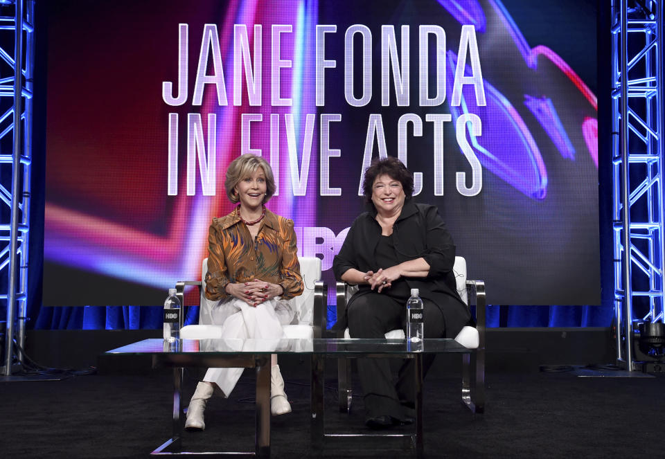 Jane Fonda, left, and director/producer Susan Lacy participate in the "Jane Fonda in Five Acts" panel during the HBO Television Critics Association Summer Press Tour at The Beverly Hilton hotel on Wednesday, July 25, 2018, in Beverly Hills, Calif. (Photo by Richard Shotwell/Invision/AP)