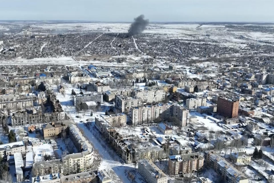 New video footage of Bakhmut shot from the air with a drone for The Associated Press shows how the longest battle of the year-long Russian invasion has turned the city of salt and gypsum mines in eastern Ukraine into a ghost town. The footage was shot Feb. 13. From the air, the scale of destruction becomes plain to see. Entire rows of apartment blocks have been gutted, just the outer walls left standing and the roofs and interior floors gone, exposing the ruins’ innards to the snow and winter frost – and the drone’s prying eye. (AP Photo)