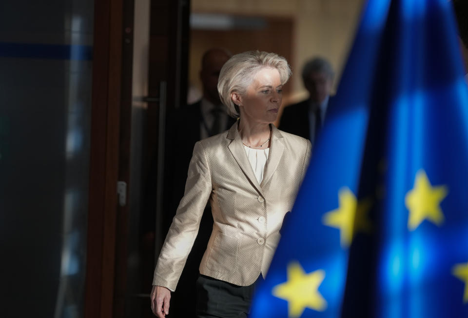 European Commission President Ursula von der Leyen, center, arrives for the weekly College of Commissioners meeting at EU headquarters in Brussels on Wednesday, Sept. 28, 2022. The European Union suspects that damage to two underwater natural gas pipelines was sabotage and is warning of retaliation for any attack on Europe's energy networks, EU foreign policy chief Josep Borrell said Wednesday. (AP Photo/Virginia Mayo)