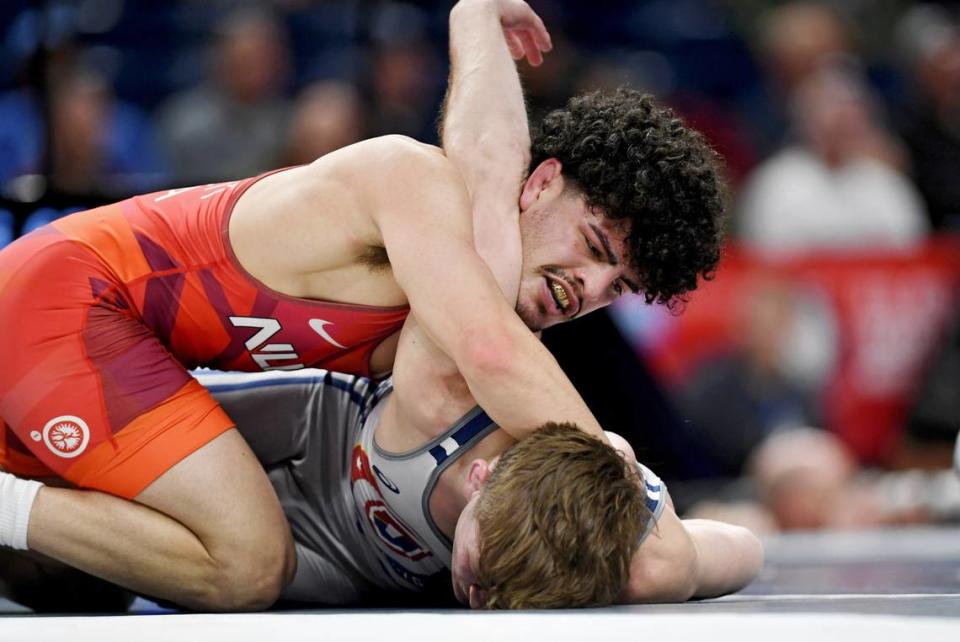 Beau Bartlett controls Joey McKenna in a 65 kg consolation bout during the U.S. Olympic Team Trials at the Bryce Jordan Center on Friday, April 19, 2024.