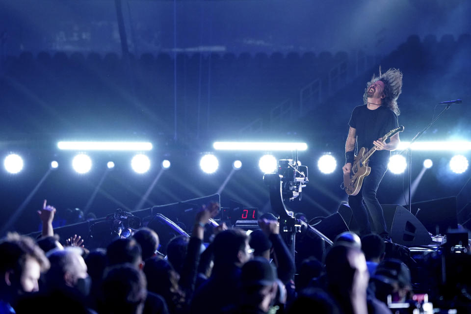 Dave Grohl of Foo Fighters performs at "Vax Live: The Concert to Reunite the World" on Sunday, May 2, 2021, at SoFi Stadium in Inglewood, Calif. (Photo by Jordan Strauss/Invision/AP)