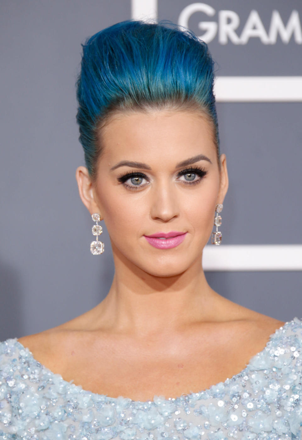 Singer Katy Perry proved blue hair can still be glamorous when she arrived at the 54th Annual GRAMMY Awards held at the Staples Center on February 12, 2012 in Los Angeles, California. (Photo by Dan MacMedan/WireImage)