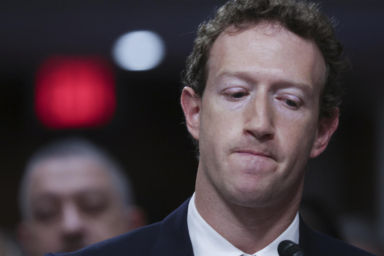 WASHINGTON, DC - JANUARY 31: Mark Zuckerberg, CEO of Meta testifies before the Senate Judiciary Committee at the Dirksen Senate Office Building on January 31, 2024 in Washington, DC. The committee heard testimony from the heads of the largest tech firms on the dangers of child sexual exploitation on social media. (Photo by Alex Wong/Getty Images)