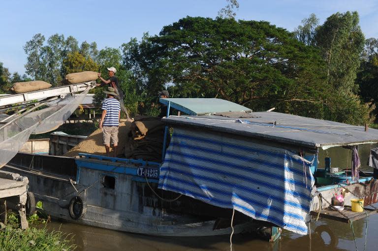 Workers load paddy onto a boat for a customer at Co Do Agriculture Company in the southern Mekong delta province of Can Tho