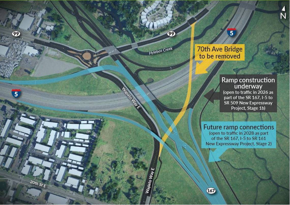 This rendering shows what the completed interchange for the new expressway will look like in 2028.