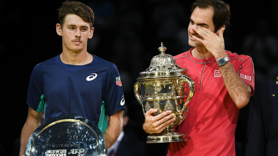 Alex de Minaur and Roger Federer, pictured here after the Swiss Indoors final in Basel.