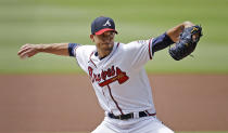 Atlanta Braves pitcher Charlie Morton works against the Toronto Blue Jays in the first inning of a baseball game Thursday, May 13, 2021, in Atlanta. (AP Photo/Ben Margot)