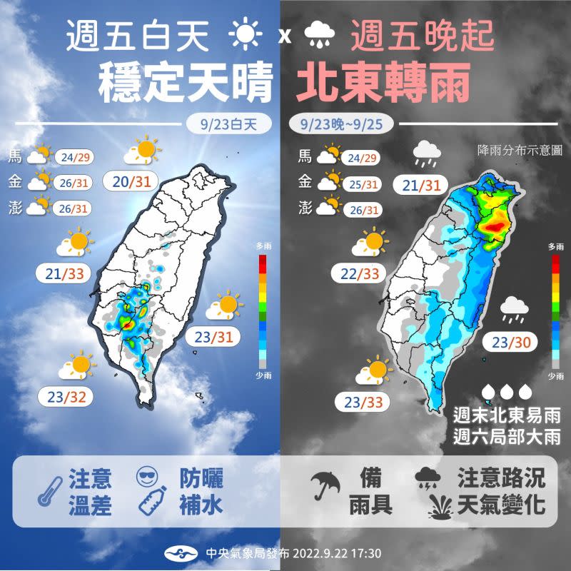 ▲今晚開始到週末結束，北部、東半部地區是會有局部短暫雨的天氣，尤其明日基隆北海岸、東北部和大台北山區更要留意局部大雨。（圖／中央氣象局提供）