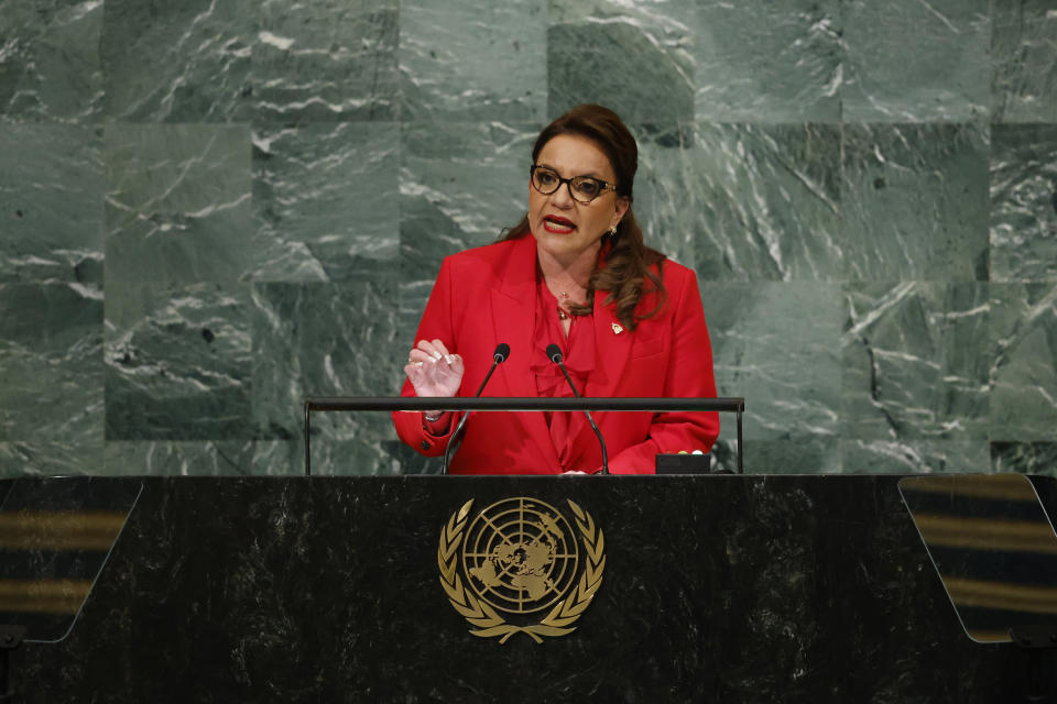 President of Honduras Xiomara Castro addresses the 77th session of the United Nations General Assembly, at U.N. headquarters, Tuesday, Sept. 20, 2022. (AP Photo/Jason DeCrow)