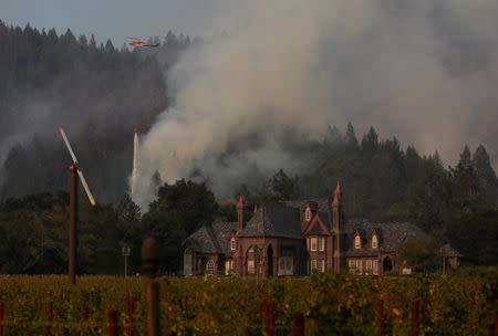A firefighting helicopter drops water to defend a vineyard from an approaching wildfire in Santa Rosa. REUTERS/Jim Urquhart