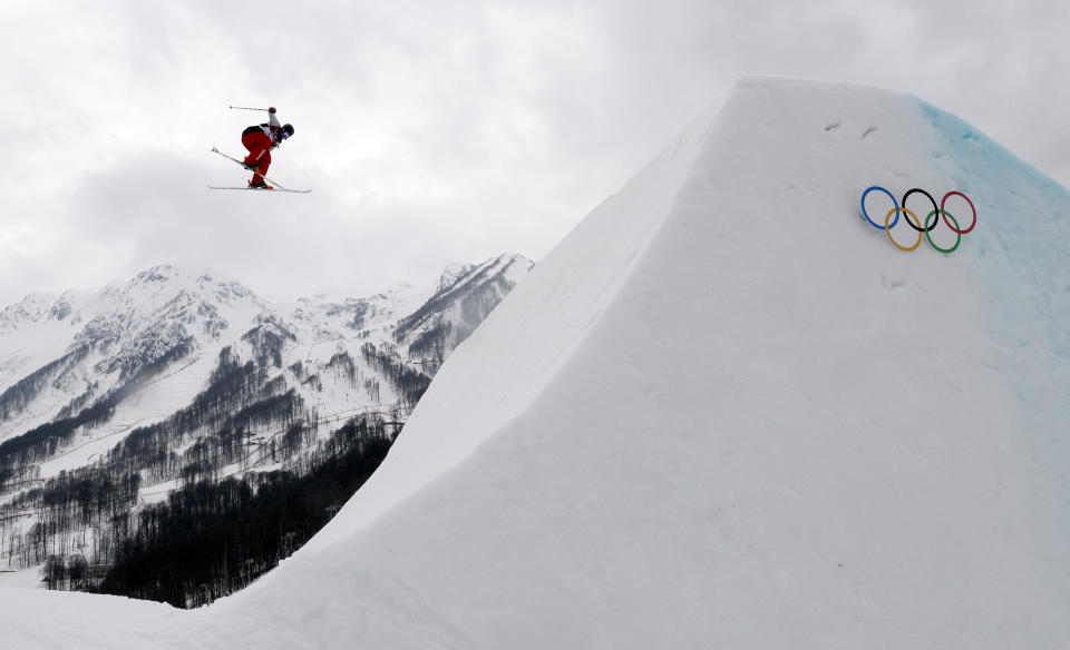 US Keri Herman competes in the Women's Freestyle Skiing Slopestyle finals at the Rosa Khutor Extreme Park during the Sochi Winter Olympics on February 11, 2014. 