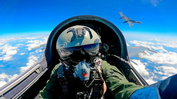PHOTO: In this photo released by Xinhua News Agency, a Chinese fighter jet pilot from the Eastern Theater Command of the Chinese People's Liberation Army takes part in combat readiness patrol around the Taiwan Island on Sunday, April 9, 2023. (Mei Shaoquan/AP)