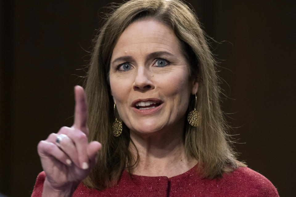 Supreme Court nominee Amy Coney Barrett speaks during her confirmation hearing before the Senate Judiciary Committee on Capitol Hill in Washington, Tuesday, Oct. 13, 2020. (Tom Williams/Pool via AP)