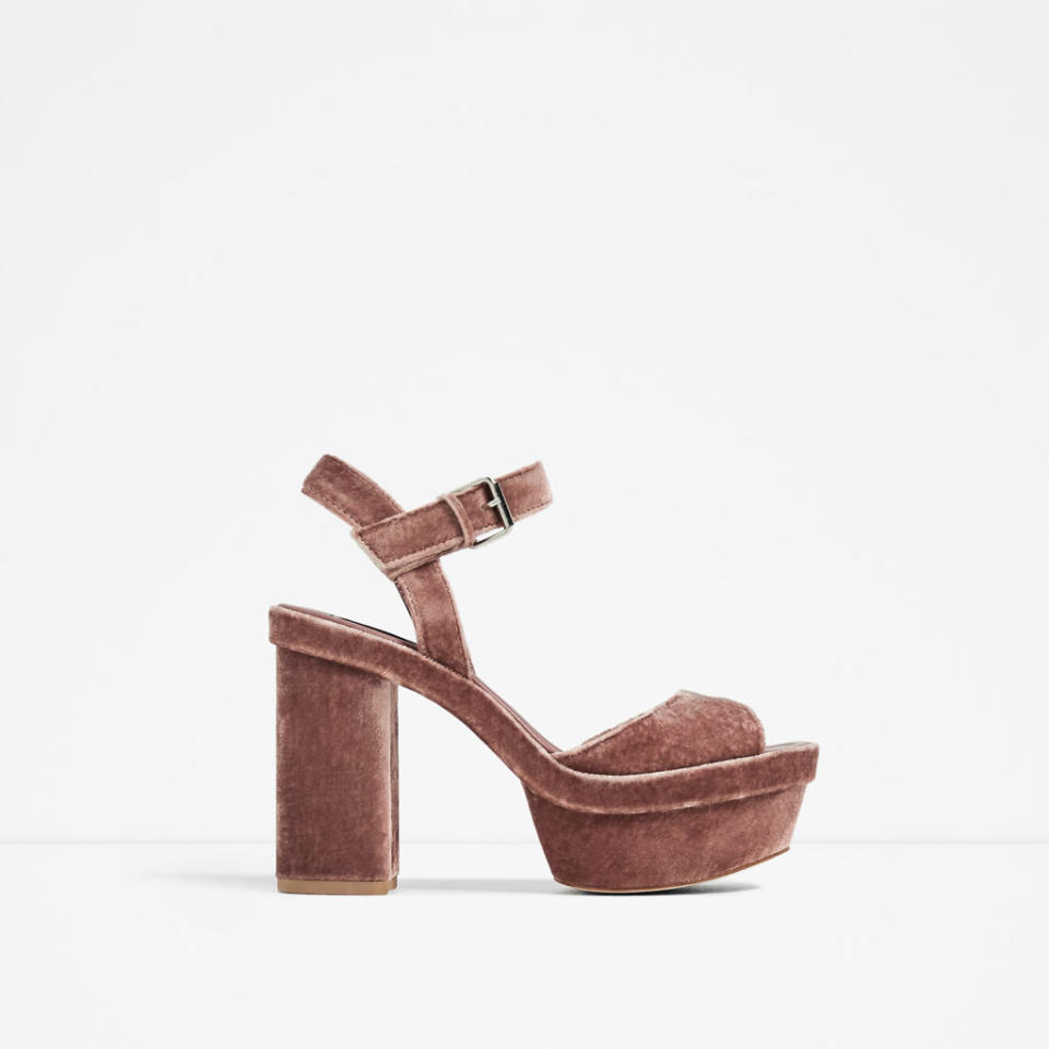 <p><a rel="nofollow noopener" href="http://www.zara.com/us/en/woman/shoes/view-all/velvet-platform-sandals-c734142p4065465.html" target="_blank" data-ylk="slk:Velvet Platform Sandals, $90;elm:context_link;itc:0;sec:content-canvas" class="link ">Velvet Platform Sandals, $90</a></p> <ul> <strong>Related Articles</strong> <li><a rel="nofollow noopener" href="http://thezoereport.com/fashion/style-tips/box-of-style-ways-to-wear-cape-trend/?utm_source=yahoo&utm_medium=syndication" target="_blank" data-ylk="slk:The Key Styling Piece Your Wardrobe Needs;elm:context_link;itc:0;sec:content-canvas" class="link ">The Key Styling Piece Your Wardrobe Needs</a></li><li><a rel="nofollow noopener" href="http://thezoereport.com/beauty/makeup/anastasia-beverly-hills-lip-palette/?utm_source=yahoo&utm_medium=syndication" target="_blank" data-ylk="slk:Anastasia Beverly Hills’ Latest Launch Could Be The Next Cult Product;elm:context_link;itc:0;sec:content-canvas" class="link ">Anastasia Beverly Hills’ Latest Launch Could Be The Next Cult Product</a></li><li><a rel="nofollow noopener" href="http://thezoereport.com/fashion/style-tips/winter-layering-outfit-ideas/?utm_source=yahoo&utm_medium=syndication" target="_blank" data-ylk="slk:4 Fashion-Girl Layering Tricks That'll Actually Keep You Warm This Winter;elm:context_link;itc:0;sec:content-canvas" class="link ">4 Fashion-Girl Layering Tricks That'll Actually Keep You Warm This Winter</a></li></ul>