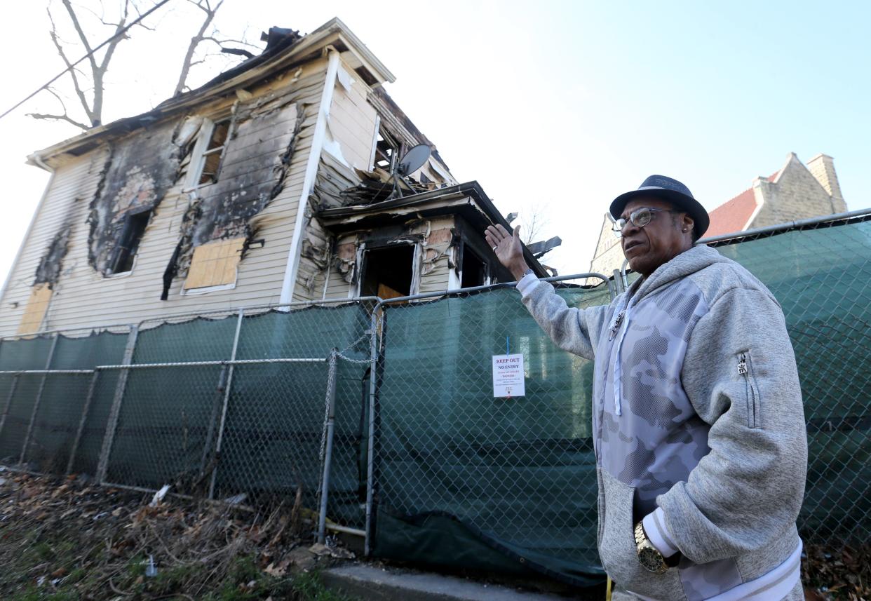 David Smith talks Friday, March 29, 2024, at 222 N. LaPorte Ave. at the site of a house fire on Jan. 21 that resulted in the deaths of six of his children.