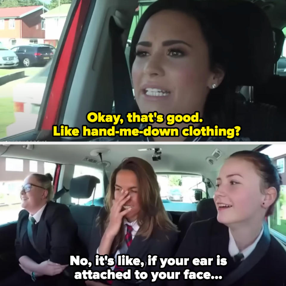 Demi Lovato and three schoolgirls in a car. Demi says, "Okay, that's good. Like hand-me-down clothing?" A schoolgirl responds, "No, it's like, if your ear is attached to your face..."